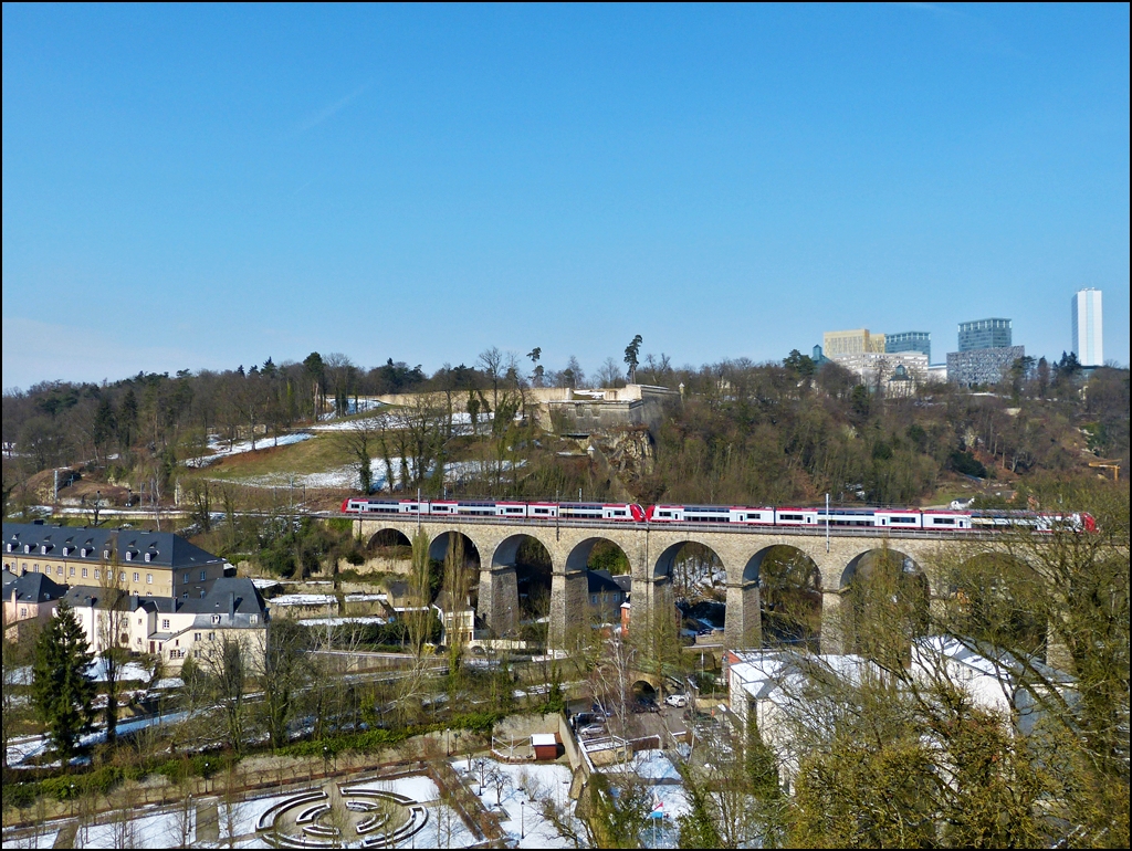 . A Srie 2200 double unit is running on the viaduct of Pfaffental in Luxembourg City on March 13th, 2013.