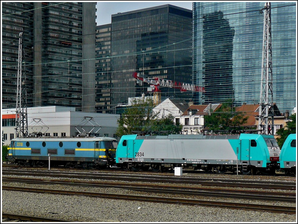 . The TRAXX HLE 2318 is hauling the TRAXX 2834 and 2801 through the station Bruxelles Nord on August 11th, 2010.