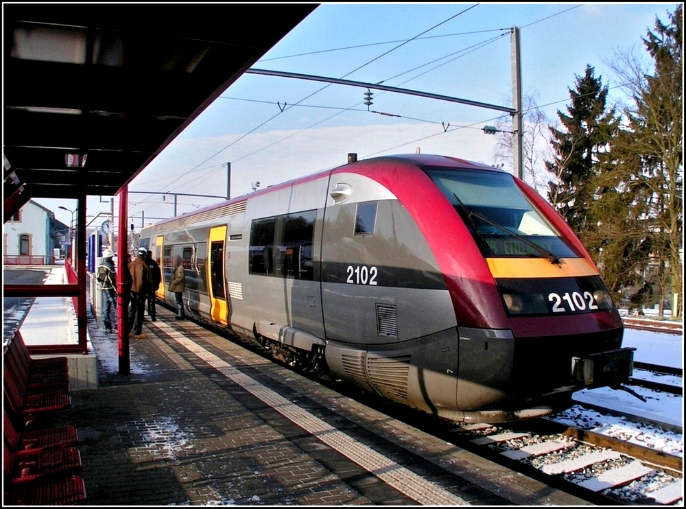 2102 as local train to Ettelbrck pictured at the station of Wiltz on January 29th, 2005.