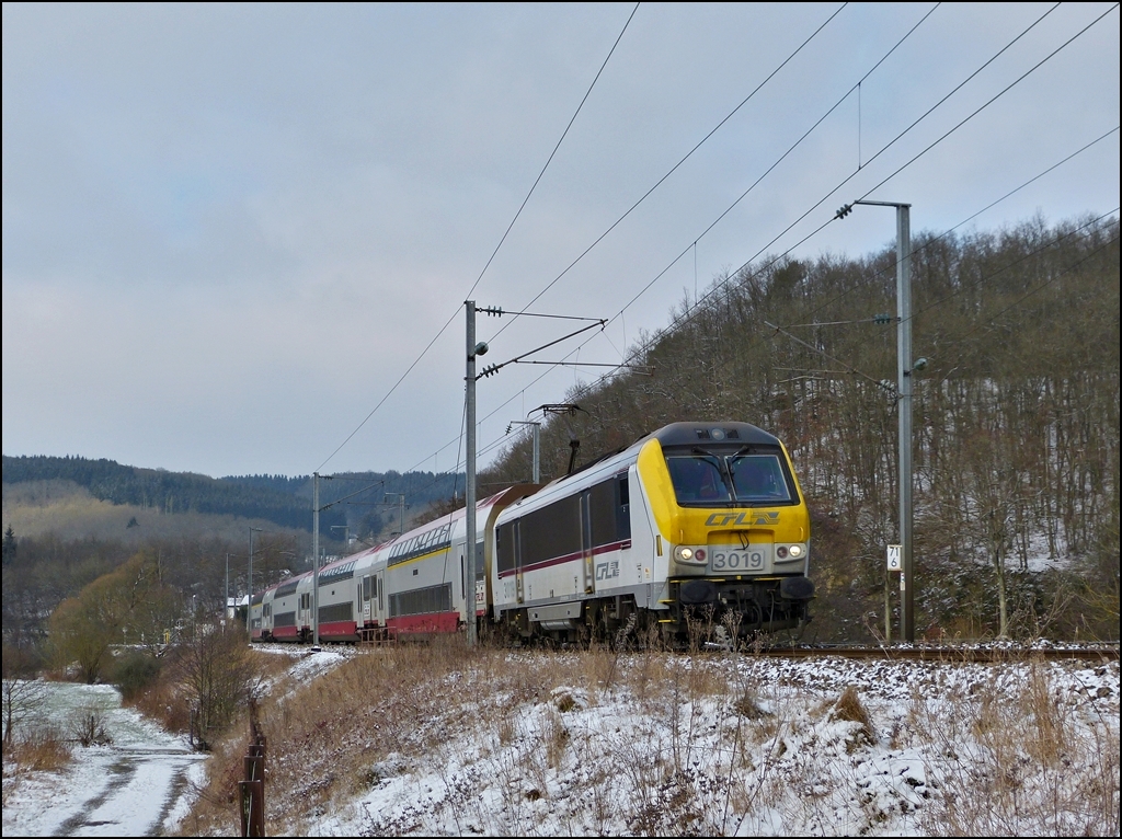 3019 is hauling the IR 3737 Troisvierges- Luxembourg City through Drauffelt on January 14th, 2012.