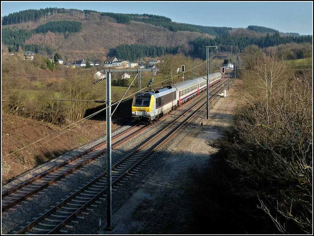 3019 is hauling the IR 116 Luxembourg City - Liers through the nice landscape near Lellingen on March 4th, 2011.