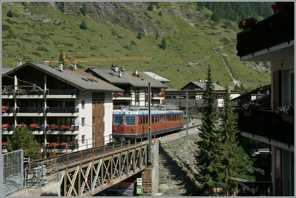 A GGB train on the way to the Gornergrat is leaving Zermatt.
02.08.2012