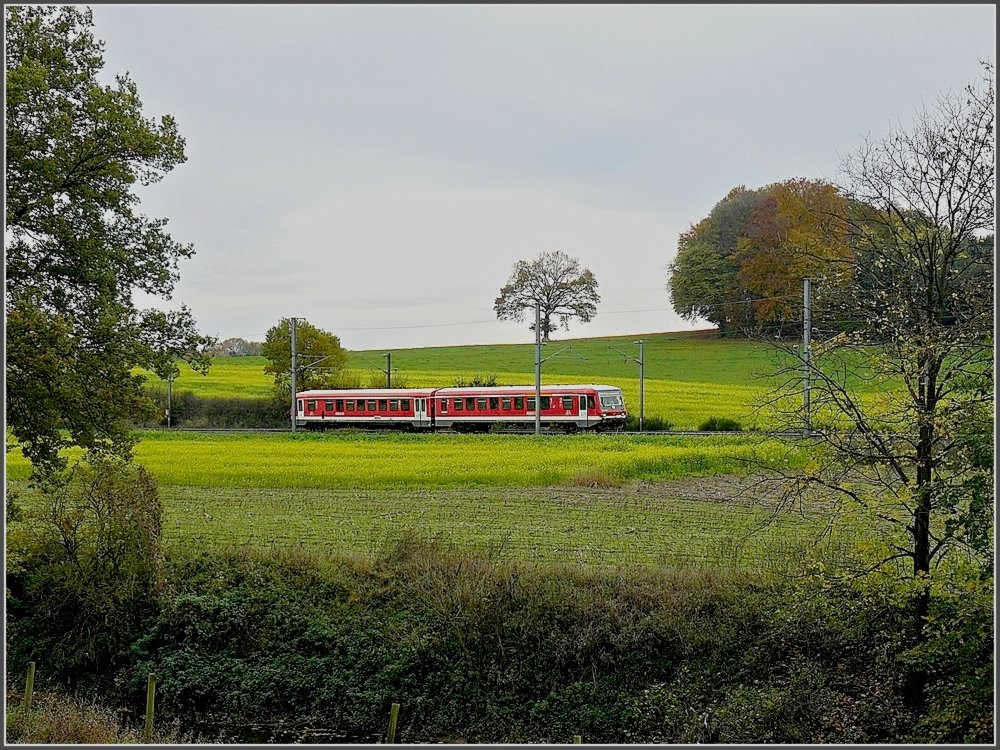 A local train from Luxemburg City to Ettelbrck is running through the nice landscape near Essingen on October 26th, 2008.