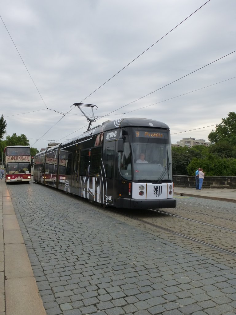 A tram is driving on the Augustusbrcke in Dresden on August 9th 2013.