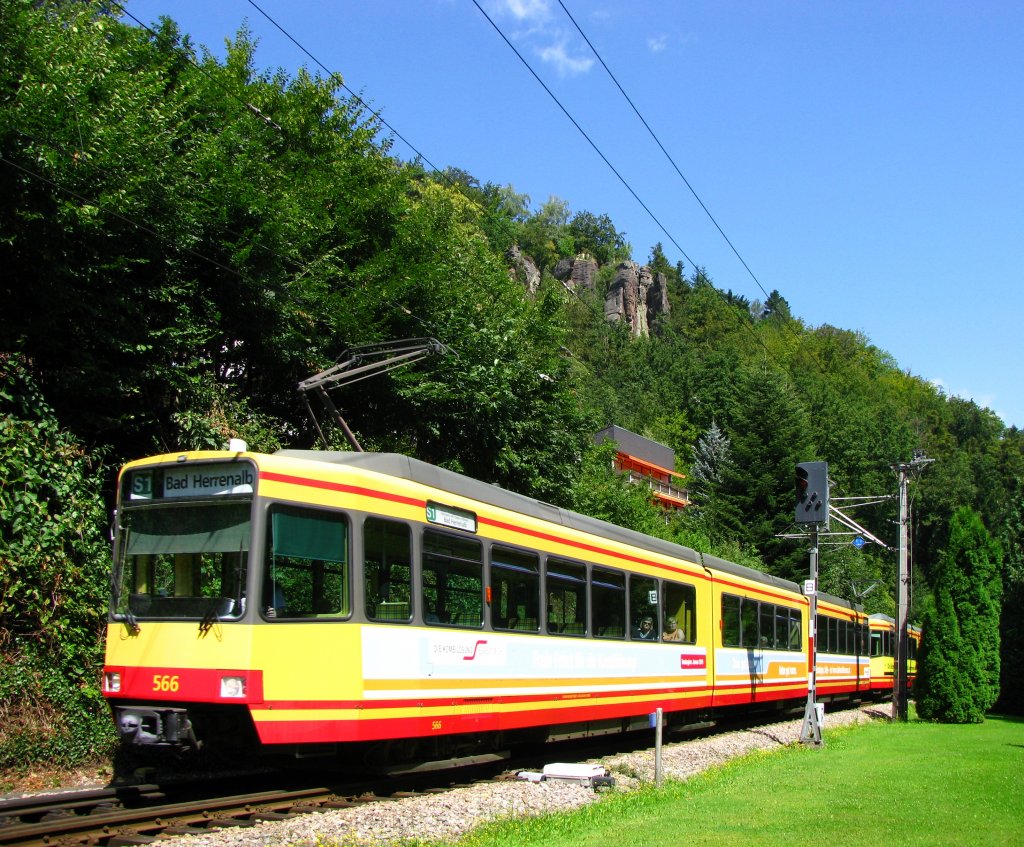 Arriving of a double traction of Karlsruhe-S-Bahn-units in Bad Herrenalb. (August 2009)