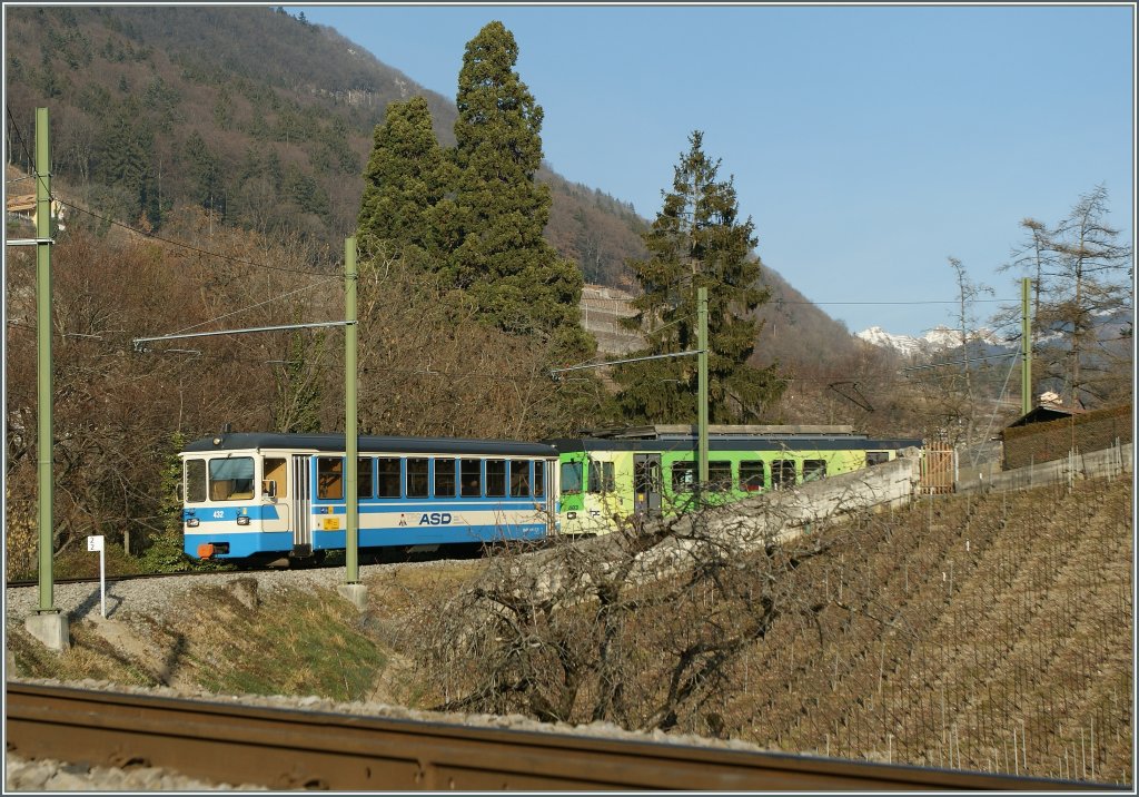 ASD local train to Aigle between the wood and the vineyards. 
04.02.2011