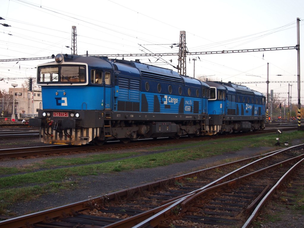 CD Cargo 753 773 + 753 753 on the railway station Kralupy on the 13 Nov 2012