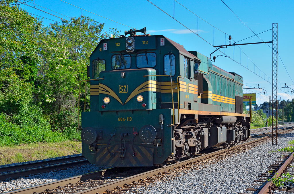 Diesel loc 664-113 is running through Maribor-Tabor on the way to Studenci station. /18.5.2013