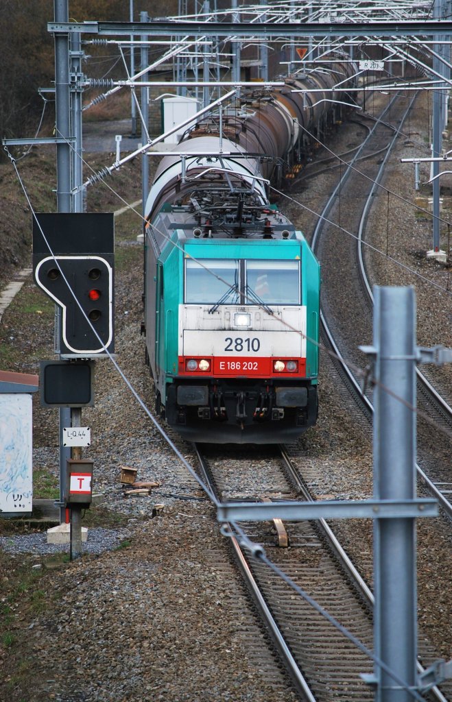 Freight train coming from Germany and entering the Belgian railway network at Nouvelaer (Gemmenich). March 2009.