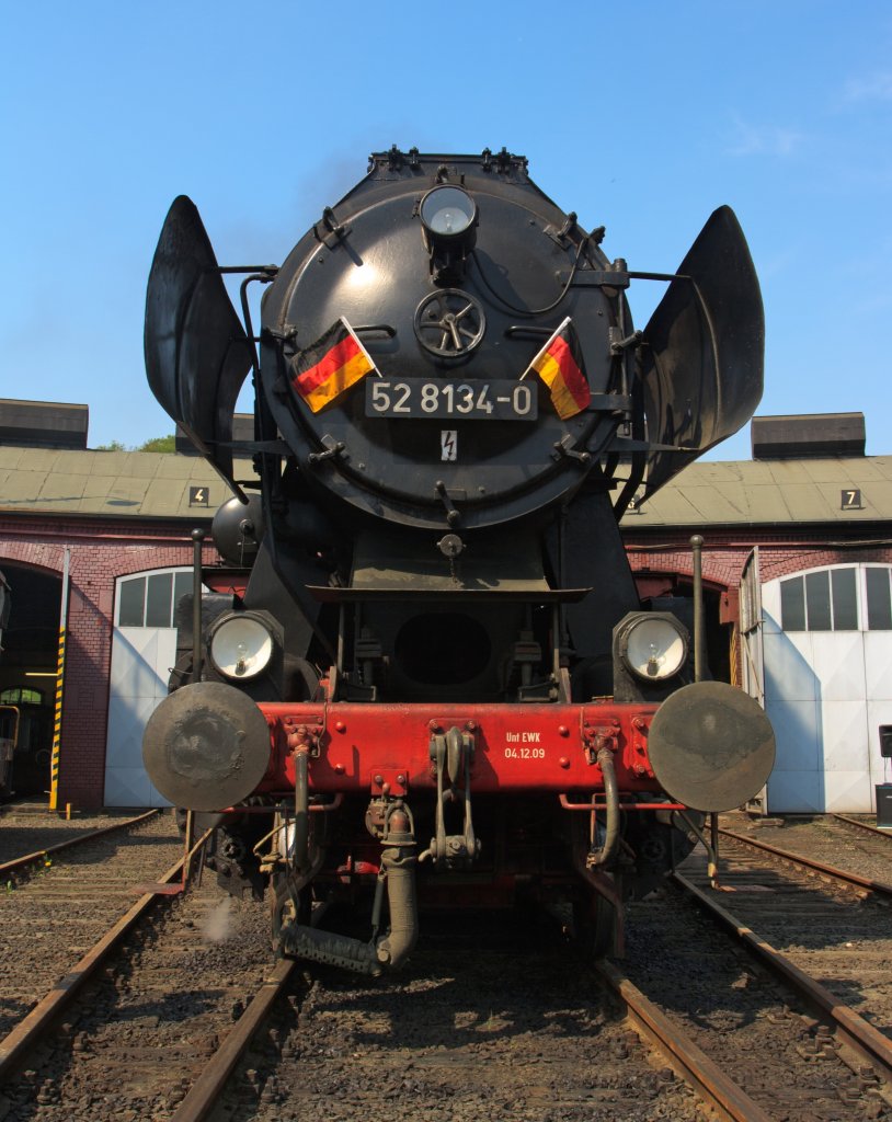 Front view of the German Steam Locomotive 52 8134-0 (under steam) from the Railway friends Betzdorf on 24/04/2011 in Sdwestflische Railway Museum in Siegen.