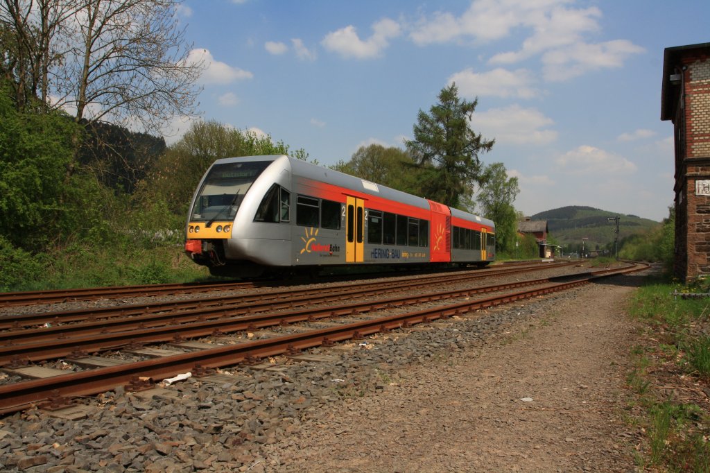 Hellertalbahn (Hellervalley Railway) with Stadler GTW 2/6 has left the station on 22.04.2011 Herdorf and continue towards Betzdorf/Sieg (Germany).