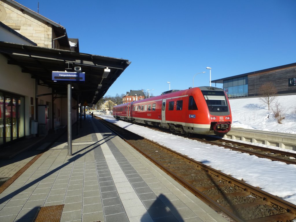 Here a lokal train from Wrzburg main station to Hof main station on March 4th 2013 in Schwarzenbach an der Saale.