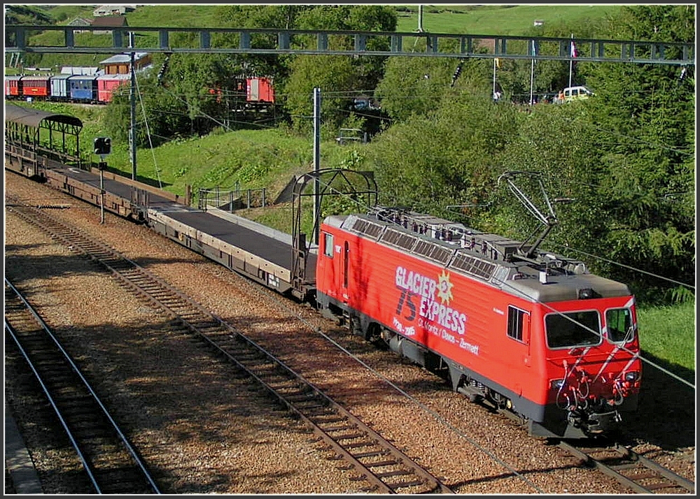 MGB car train is arriving at Realp on August 1st, 2007.