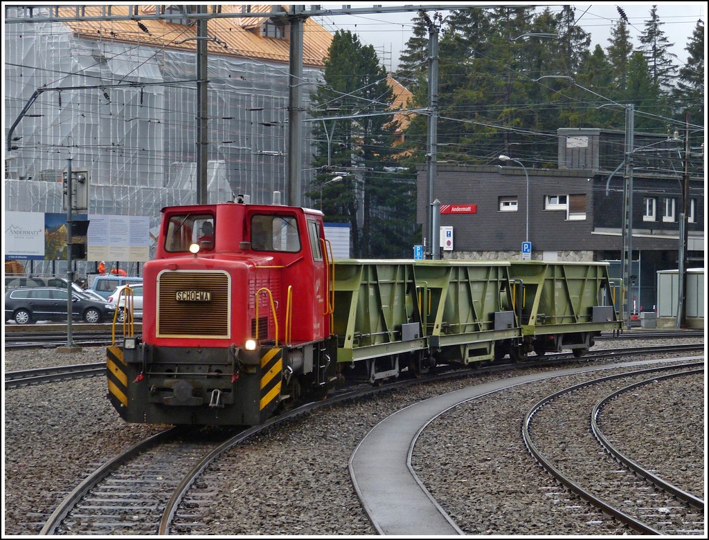 MGB Tm 2/2 4971 is hauling a few goods wagons through the station of Andermatt on May 23rd, 2012.