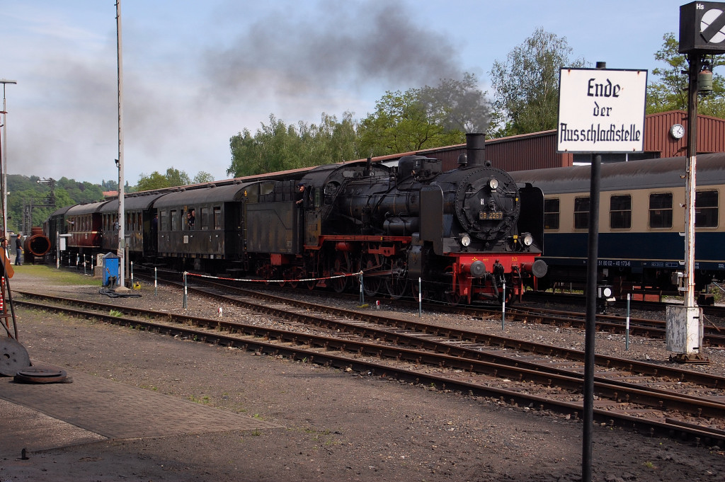 On an german bankholliday in the railmuseum of Bochum-Dahlhausen, a special steamtrain get's back to the museum. It is pulled by an russian steamlocomotive of the class 38 (or prussian P8). It was constructed by the prussian rail inspektor Robert Garbe who inventet most of den prussian locomotives in the last years of exist of the kings prussian railway company. The mashine is the class No. 38 2267 and its on the tracks every first saturday of the month or on bankhollidays from may to october.........so for 20.- you can take a three hours trip to Hagen Westphalia and back.....come in and enjoy the lovly ruhrside. photo 17th may 2012