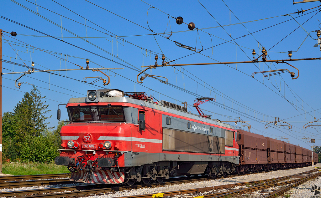 S 363-018 is hauling freight train through Pragersko on the way to port Koper. /18.09.2012