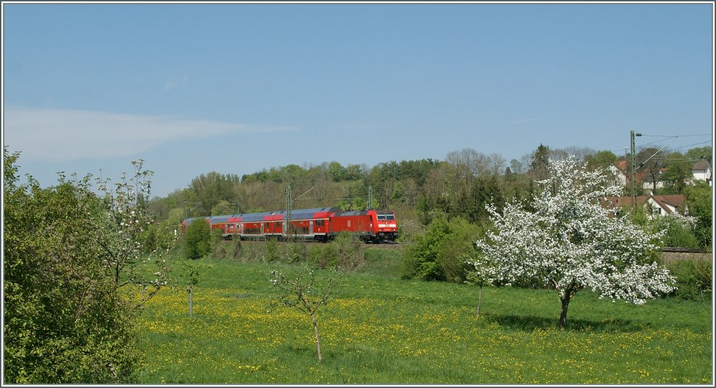 Springtime on the  Gubahn  by Engen: A DB 146 wiht his RE runs to Konstanz.
22.04.2011