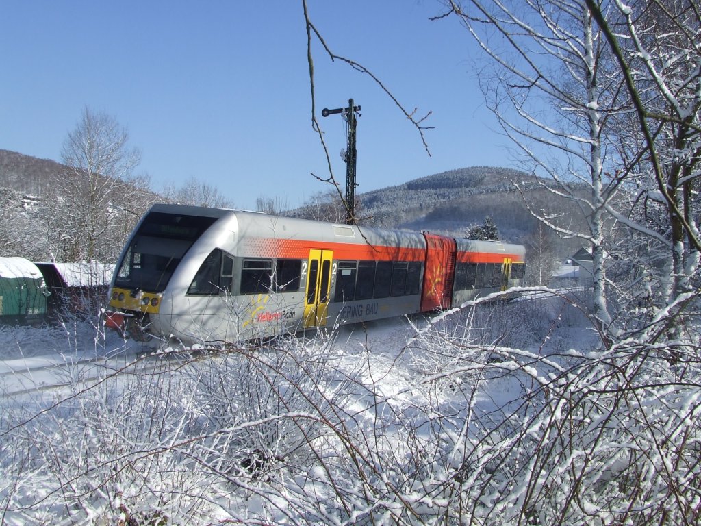 Stadler GTW 2/6 by the Hellertalbahn on 14.02.2009  at Struthtten and Herdorf, KBS 462 (Dillenburg-Haiger-Neunkirchen-Herdorf-Betzdorf). 