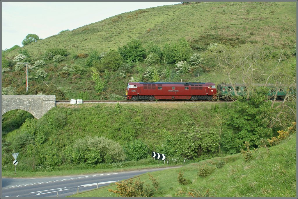 The beautiful D 1062  Western Courier (Class 52) on the Way to Blue Pool by Corfe Castle during the nice Swanage Railway Diesel Gala.
08.05.2011