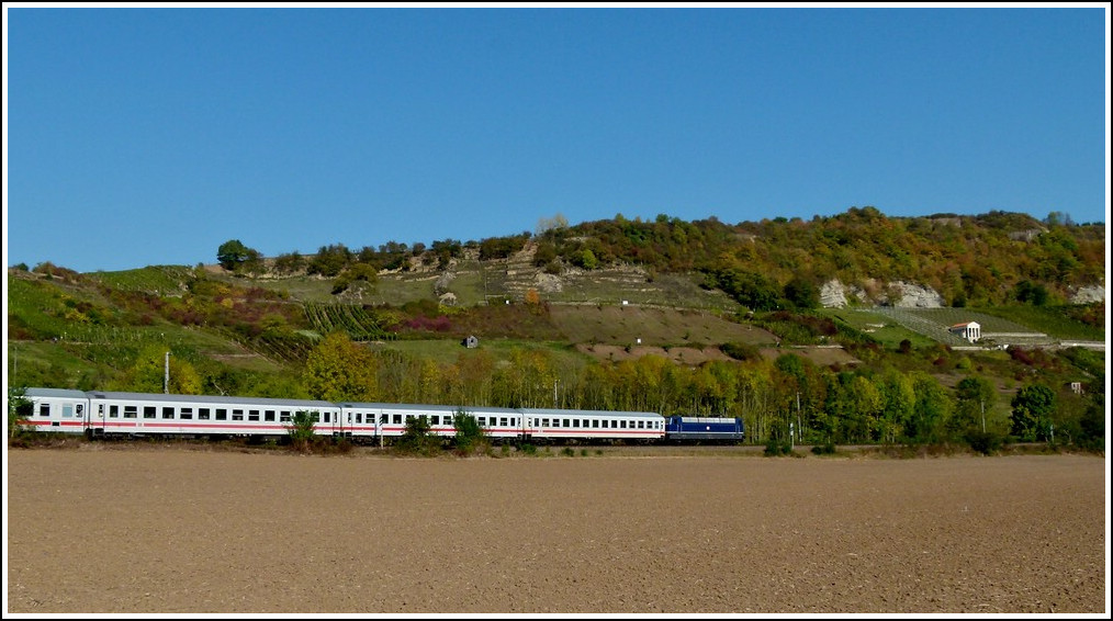 The blue 181 201-5 is heading an IC from Luxembourg City to Norddeich Mole near Igel on October 16th, 2011.