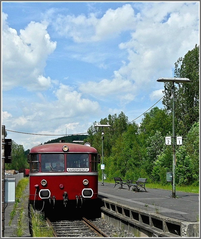 The heritage Uerdinger railcar 796 784-7 is leaving the station of Daun on its way from Gerolstein to Kaisersesch on the beautiful treck  Eifelquerbahn  on June 6th, 2010.