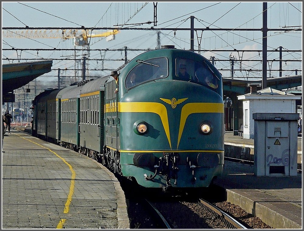 The PFT-TSP heritage engine 202.020 (former CFL 1602) is heading the special train  Saint Valentrain  at the station Gent Sint Pieters on February 14th, 2009. 