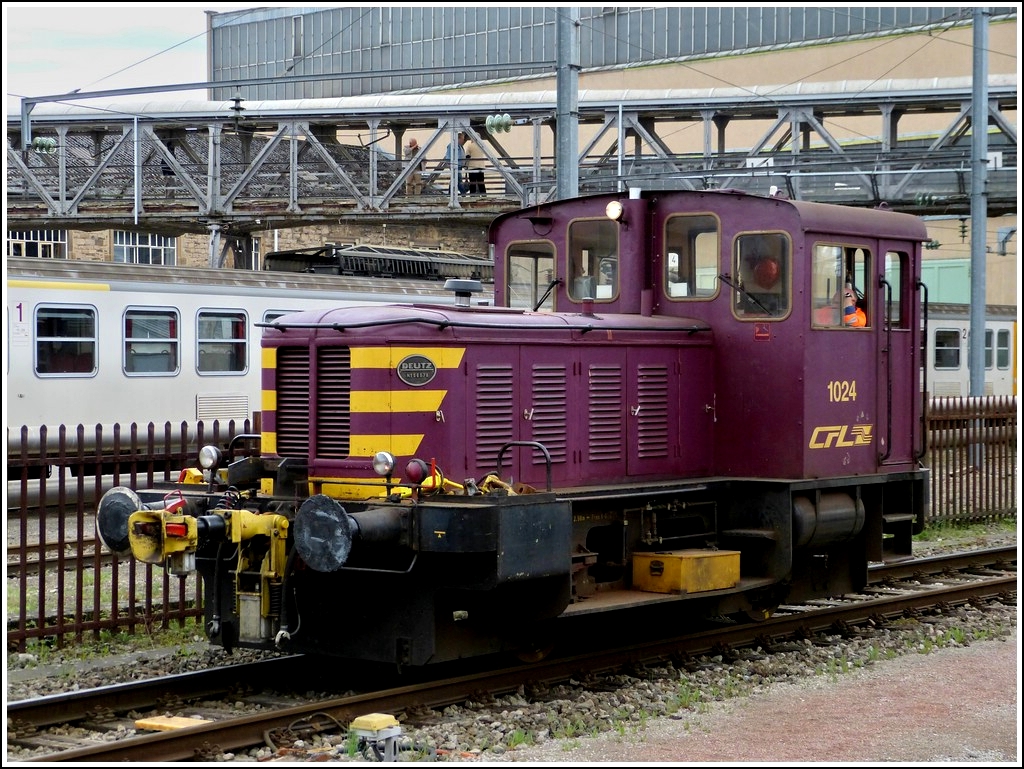 The shunter locomotive 1024 pictured in Luxembourg City on April 30th, 2012. This fourwheel diesel engine of the type A8 L614 was supplied by Deutz in 1953 and has an output of 130 HP.