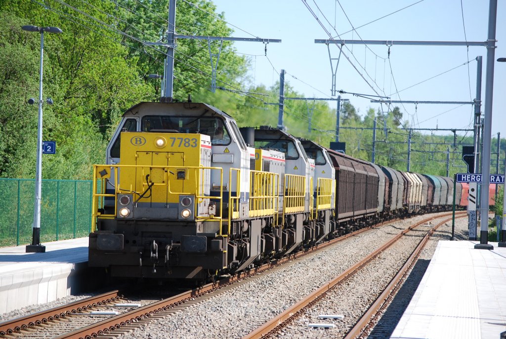 Three diesel engines type HLD 77/78 hauling a freight train towards Germany. May 2008