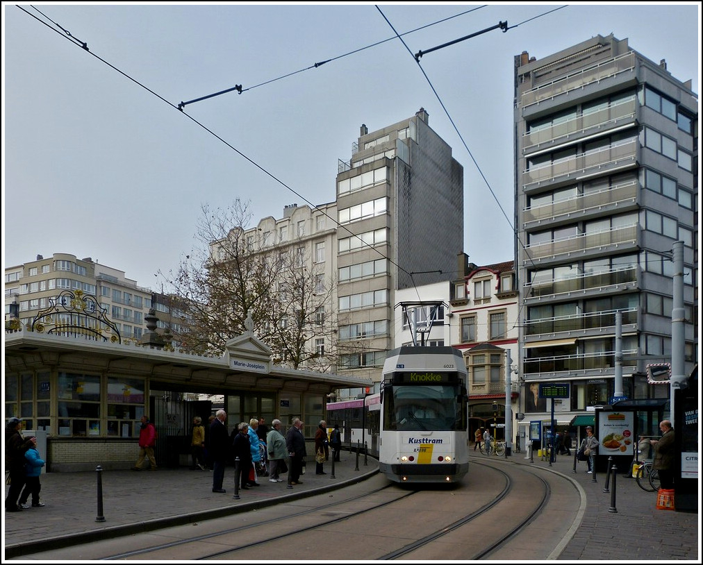 Tram N 6023 is arriving at the stop Marie-Jos-plein in Oostende on November 12th, 2011.