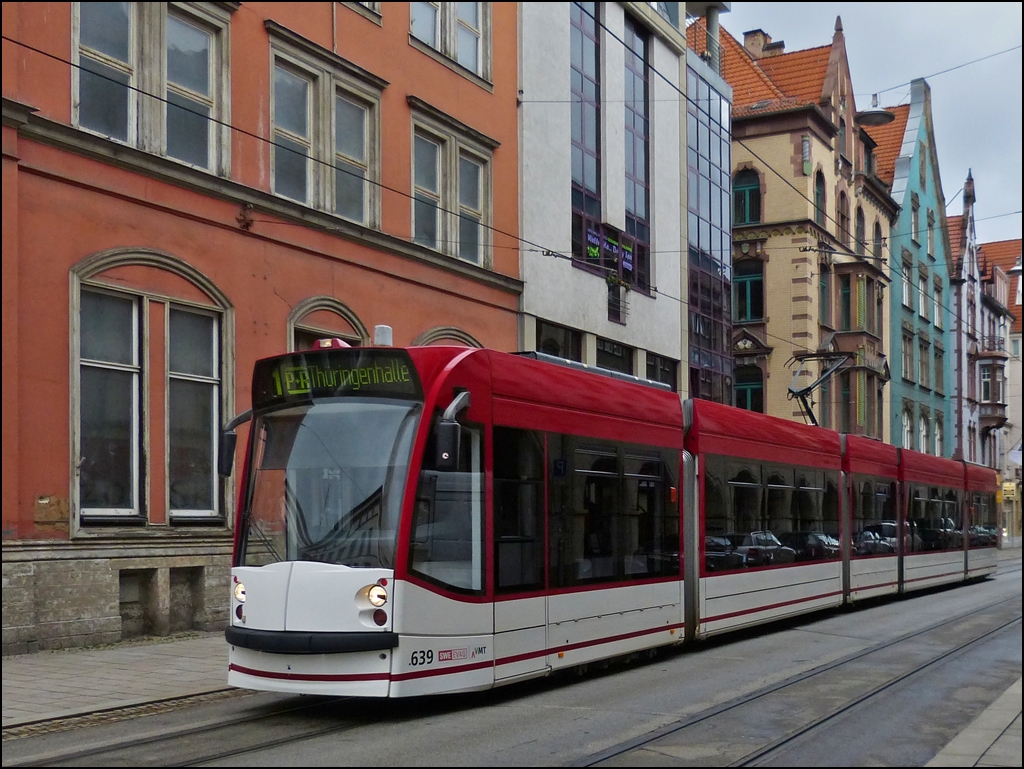 Tram N 639 is running through Bahnhofstrae in Erfurt on December 26th, 2012.
