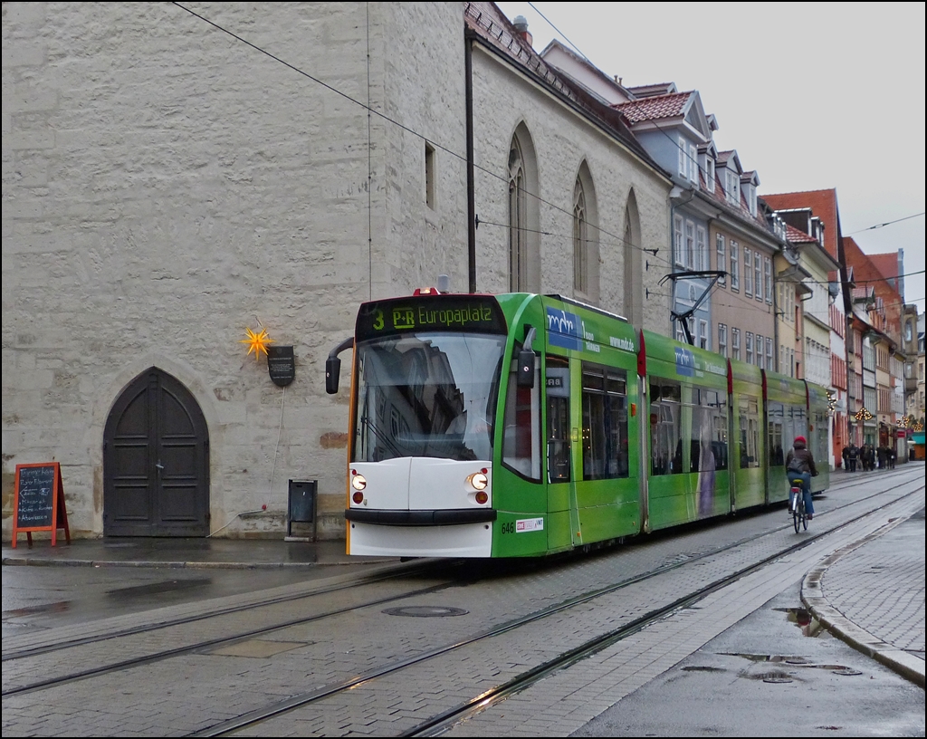 Tram N 646 is running through Marktstrae in Erfurt on December 26th, 2012.