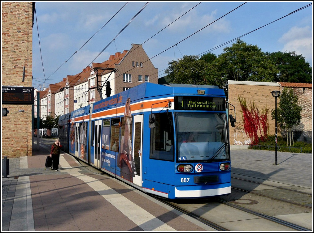 Tram N 657 pictured in Steinstrae in Rostock on September 24th 2011.