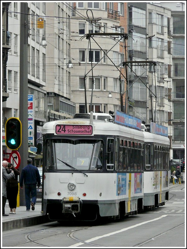 Tram N 7098 photographed near the station Antwerpen Centraal on Septebmer 13th, 2008.