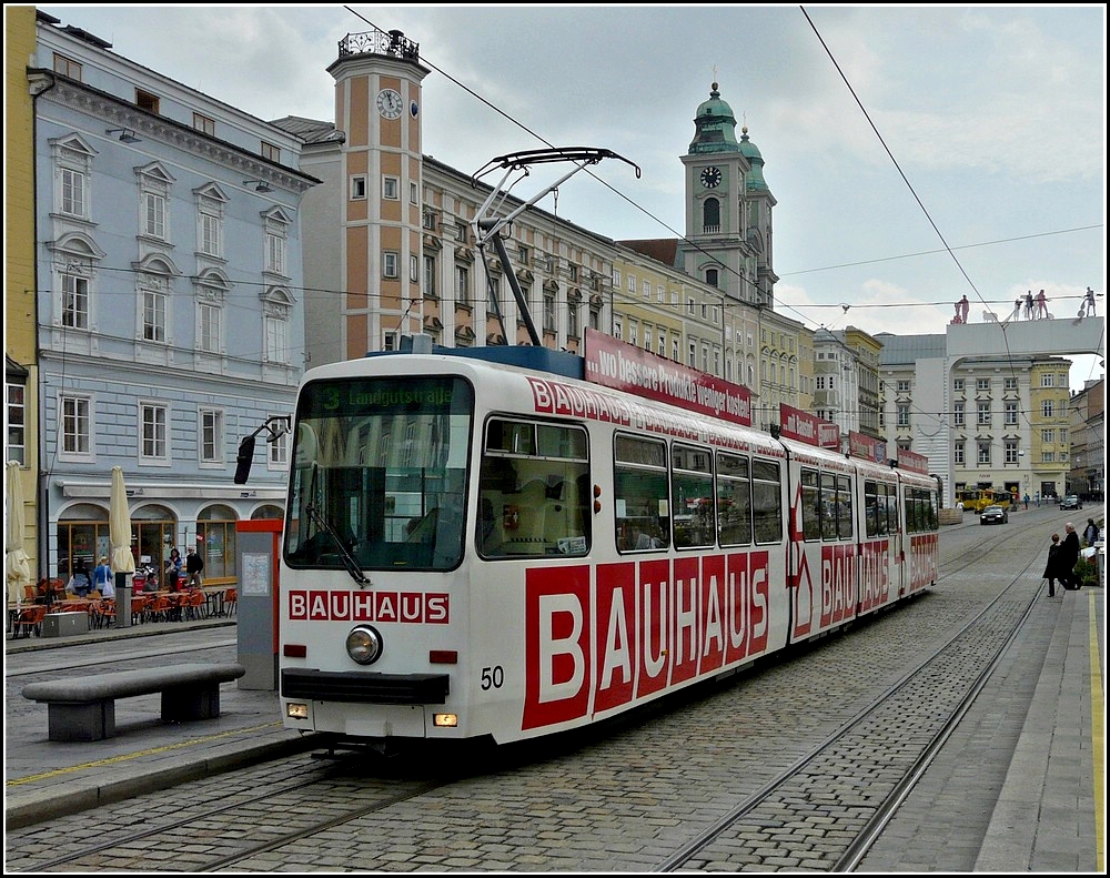 Tram Number 50 pictured at Hauptplatz in Linz on September 14th, 2010.