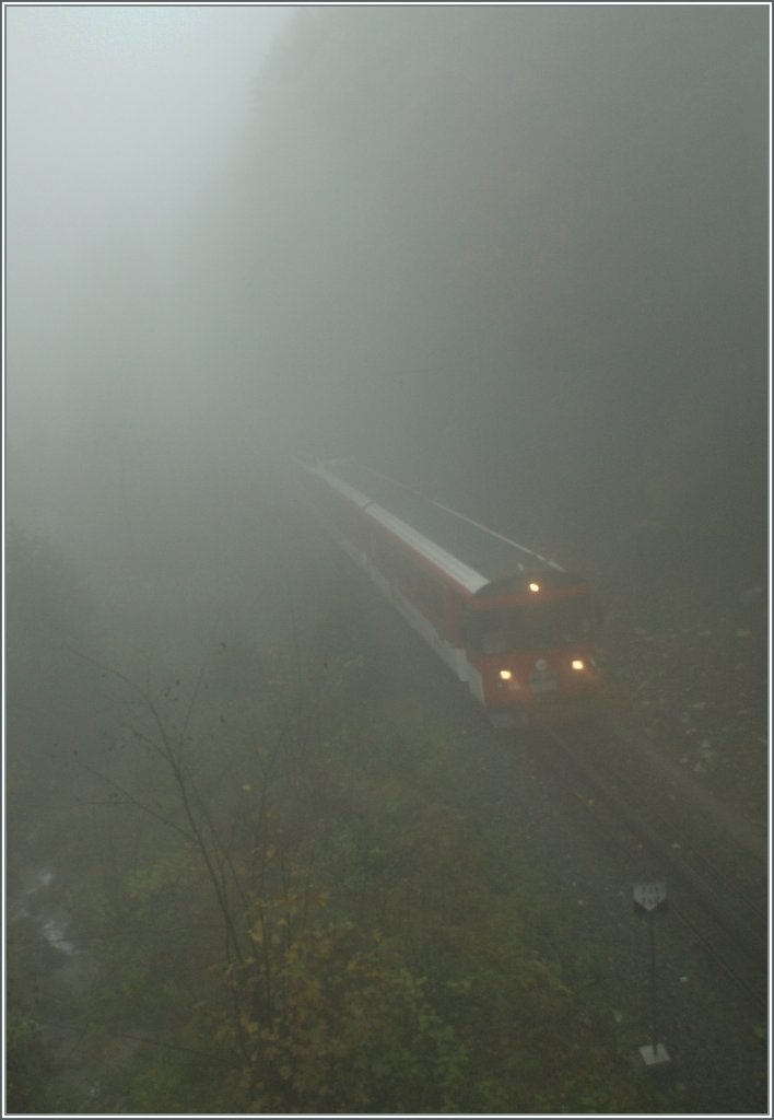 Trough the heavy fog is coming a train to Engelberg  by Grnenwald. 18.10.2010 