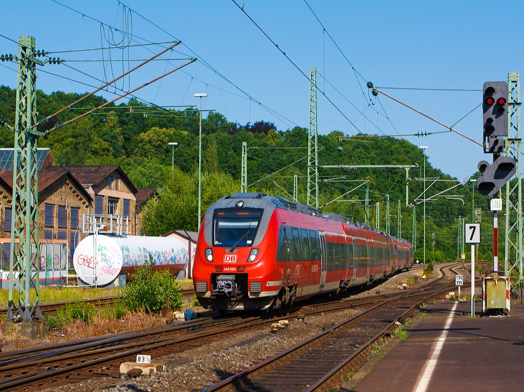 Two Bombardier Talent 2 - 442 263 / 763 (four-part) and 442 103 / 603 (five-part) as RE 9 - rsx – Rhein-Sieg-Express (Aachen - Kln - Siegen) at 08.07.2013 in Betzdorf/Sieg.