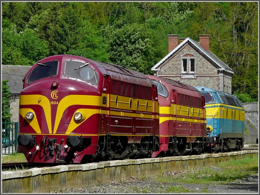 Two Nohabs (1604, 1603) and 5529 pictured at the station of Spontin (B) on May 16th, 2009.