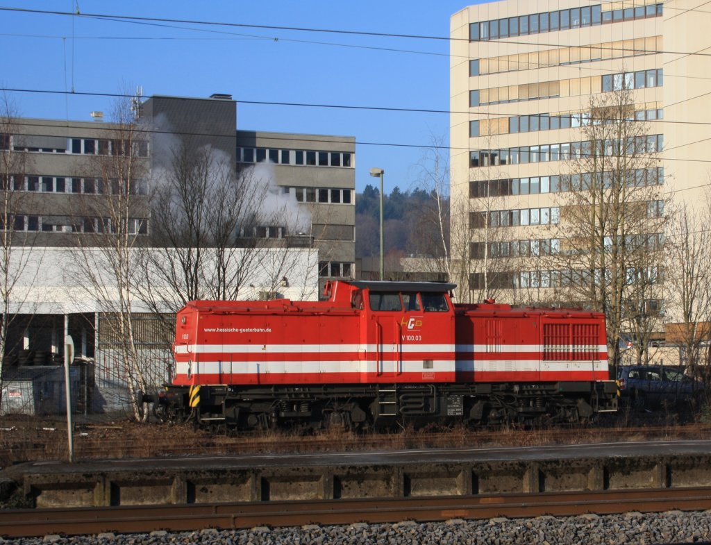 V 100.03 from the HGB Hessische Gterbahn GmbH (ex 202488-3) parked on 31.01.2011 in Siegen-Weidenau. The locomotive was supplied in 1972 by LEW in Hennigsdorf as 110488-4 to the DR. In the 1989 a modification was done in 112488-2. In 1992 the redrawing in 202488-3. In the year 2000 the locomotive was out of service by the DB.