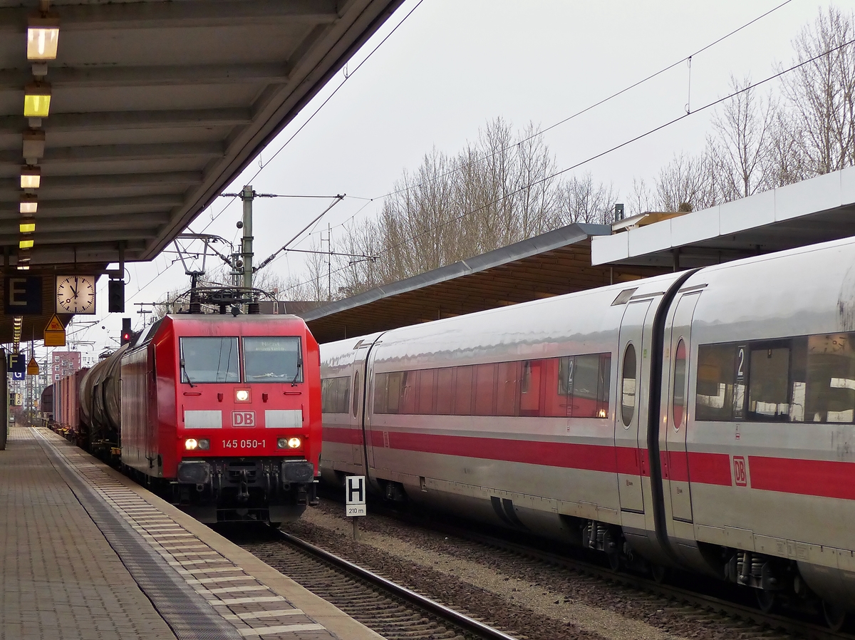 . 145 050-1 is heading a freight train in Braunschweig main station on January 3rd, 2015.