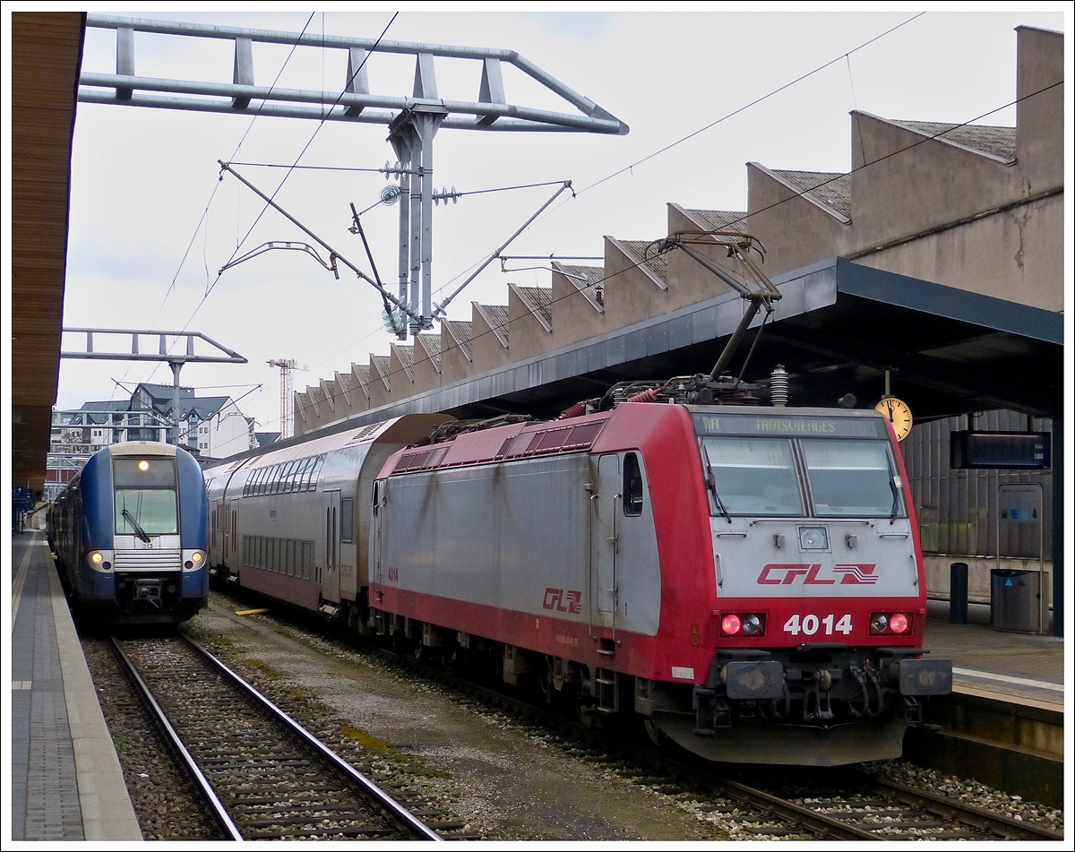 . 4014 taken together with SNCF TER unit N 313 in Luxembourg City on January 8th, 2014.