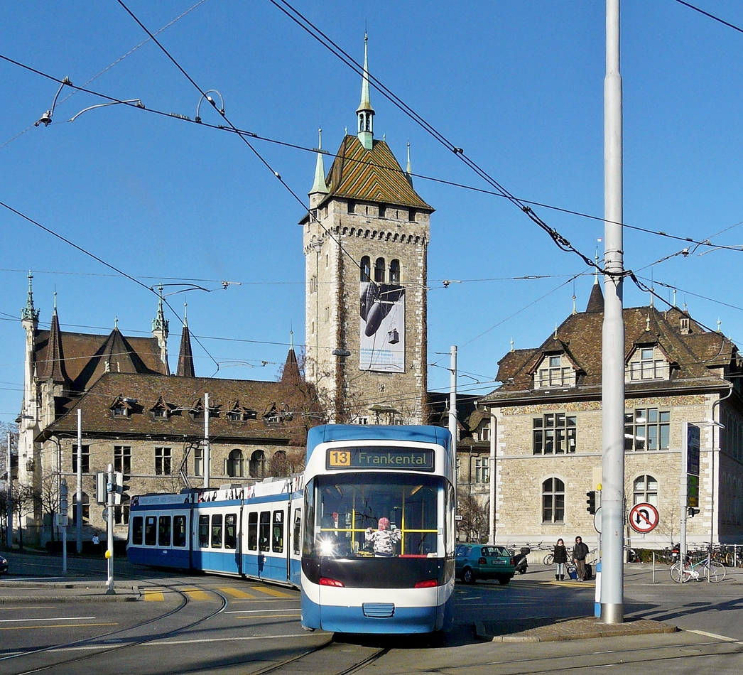 . A Cobra tram is turning into the Museumstrasse in Zrich on December 27th, 2009.