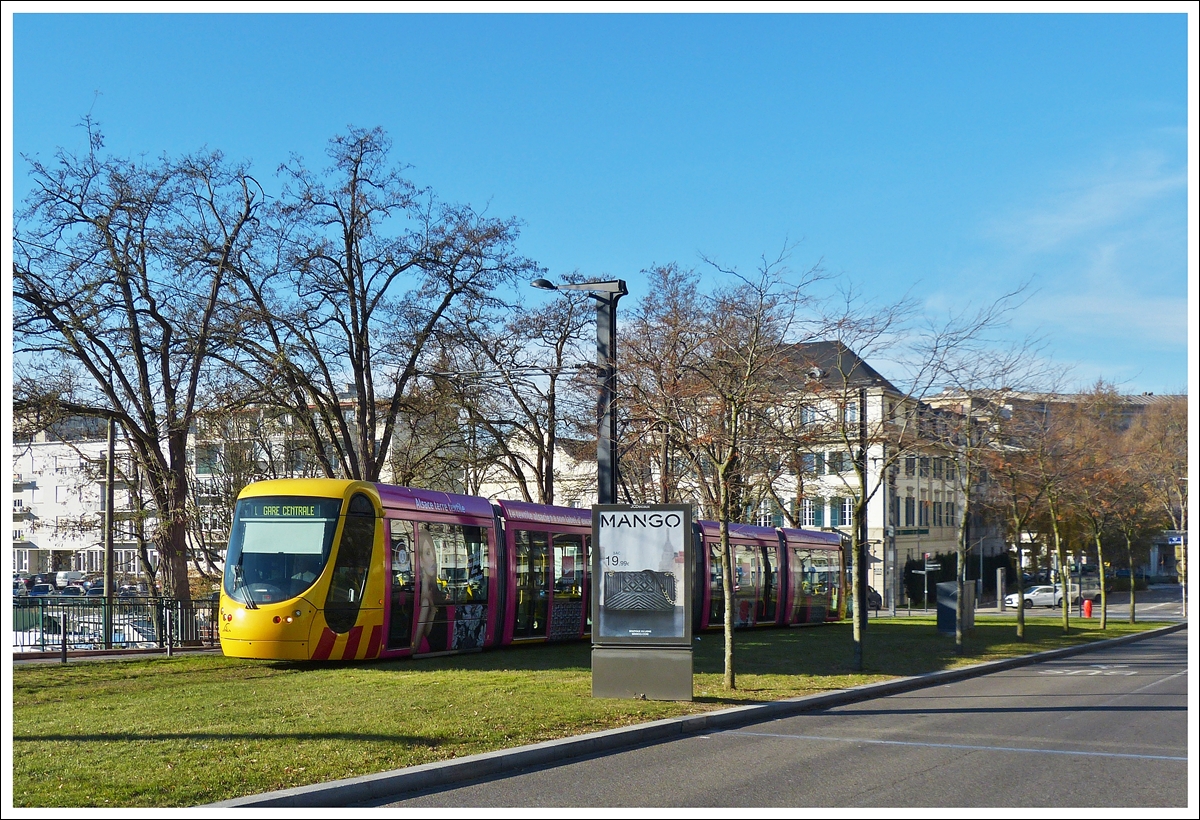 . A Sola Citadis 302 tram pictured in Mulhouse on December 10th, 2013.