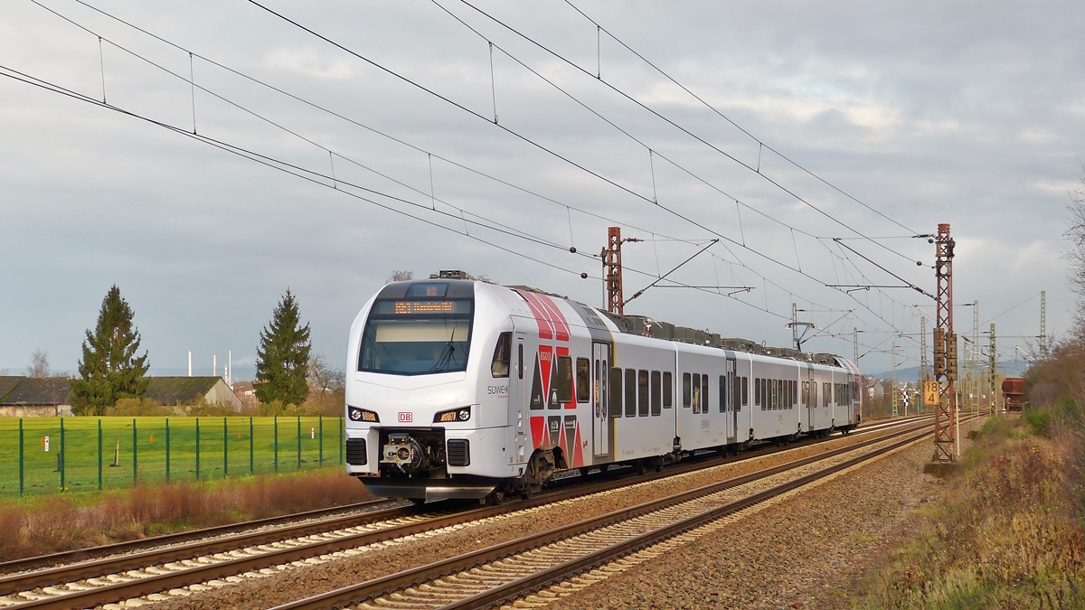 . A SWEX Stadler FLIRT is running through Ensdorf on December 20th, 2014.
