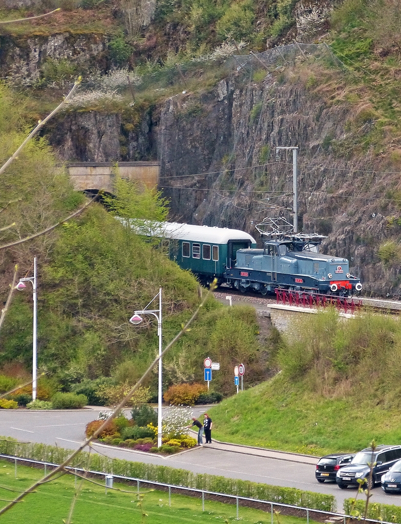 . The heritage BB 3608 is leaving the Scheidemhle tunnel in Clervaux on April 21st, 2014.