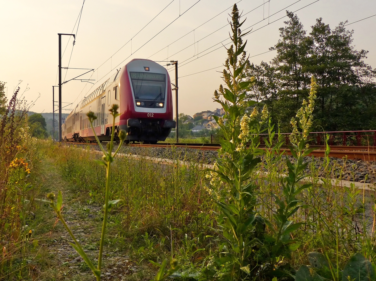 . The IR 3745 Troisvierges - Luxembourg City is running through Wilwerwiltz in the evening of July 22nd, 2014.
