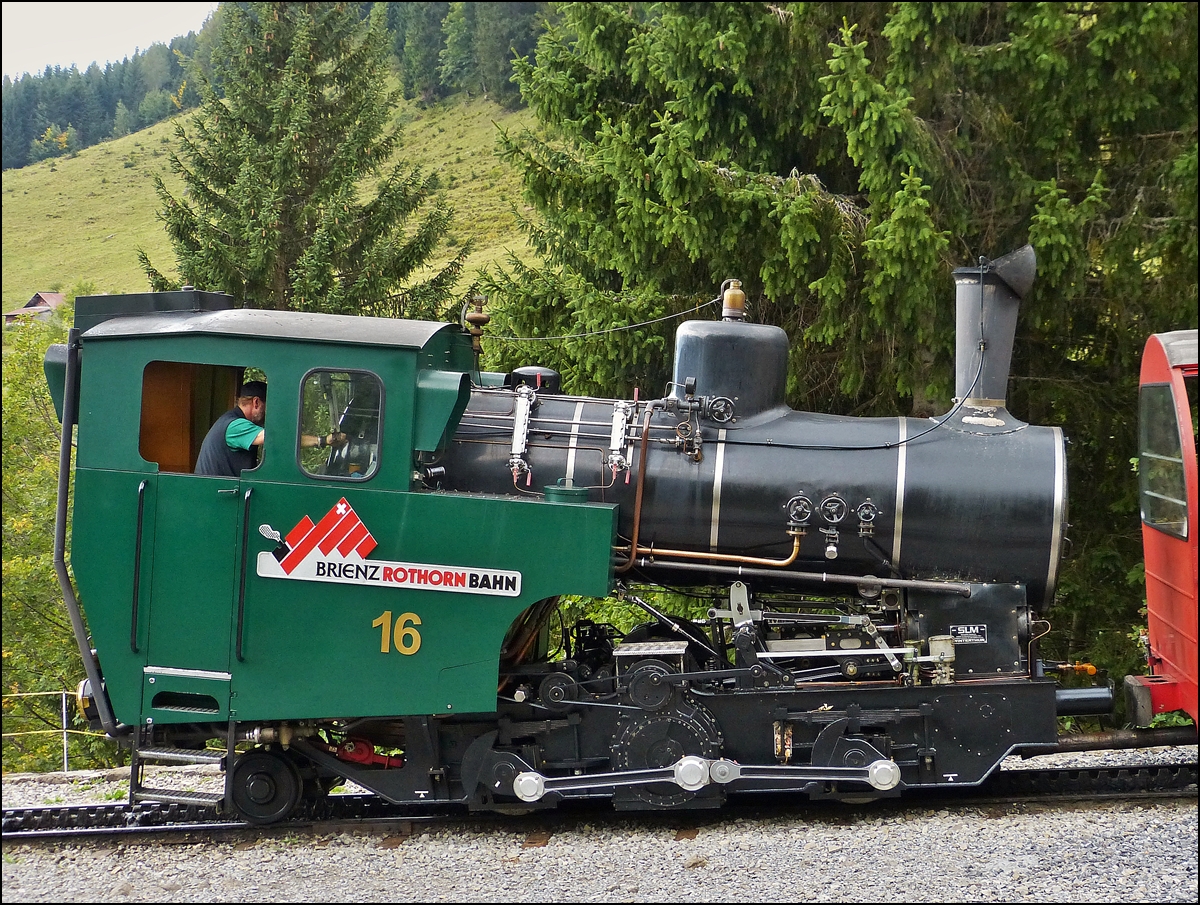 . The light oil fired BRB steam engine N 16 photographed in Planalp on September 27th, 2013.