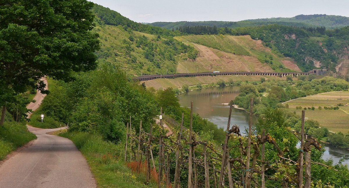 . The Rhenus Veniro Stadler Regio-Shuttle RS1 650 351 is running on the slope viaduct near Pnderich on its way from Traben-Trarbach to Bullay on May 13, 2015.
