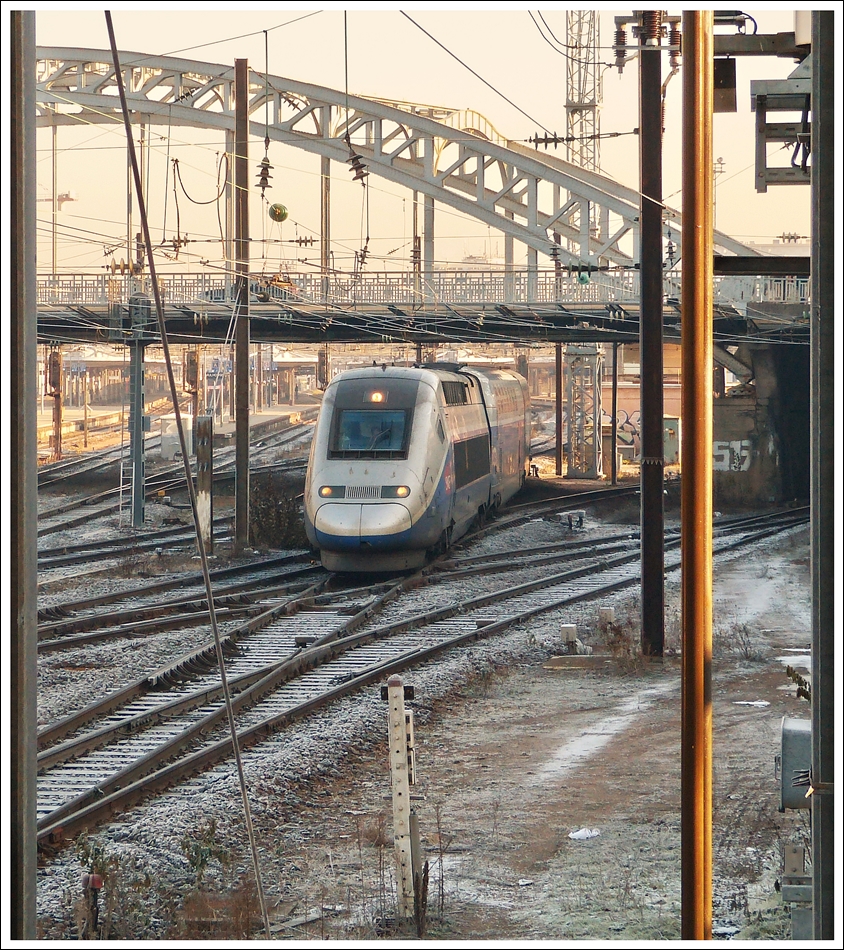 . The TGV duplex 703 is entering into the main station of Mulhouse on December 11th, 2013.
