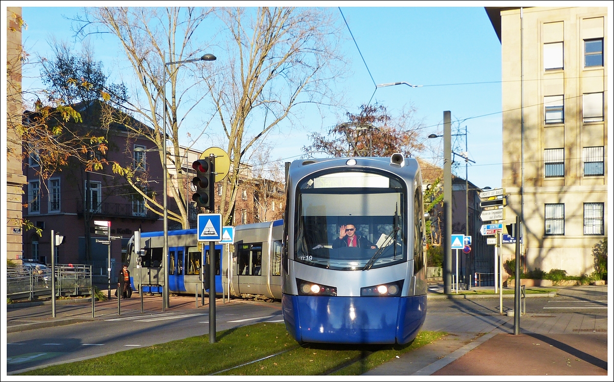 . The train tram N 19 is turning from the avenue du Marchal Foch into the rue du 17 Novenbre in Mulhouse on December 10th, 2013.