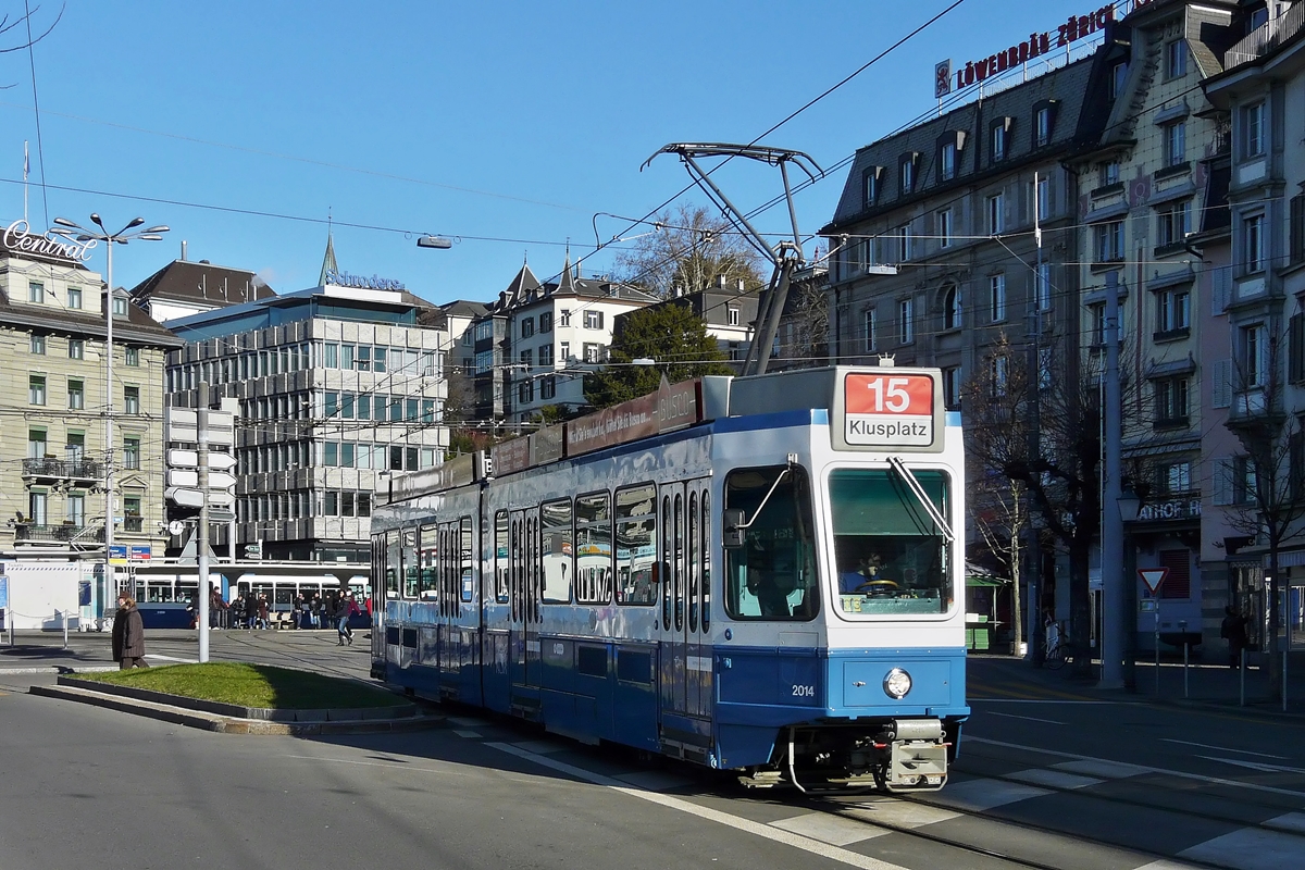 . Tram 2000 N 2014 is running on Limmatquai on Zrich on December 27th, 2009.